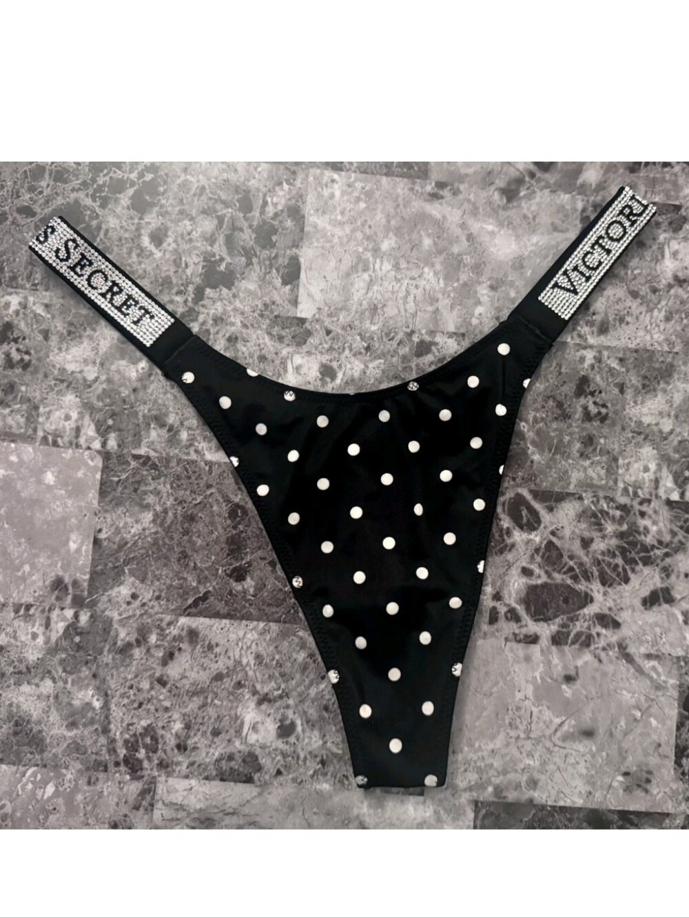 Victoria's Secret Very Sexy Polka Dot Shine Strap Thong Panty BLACK LARGE